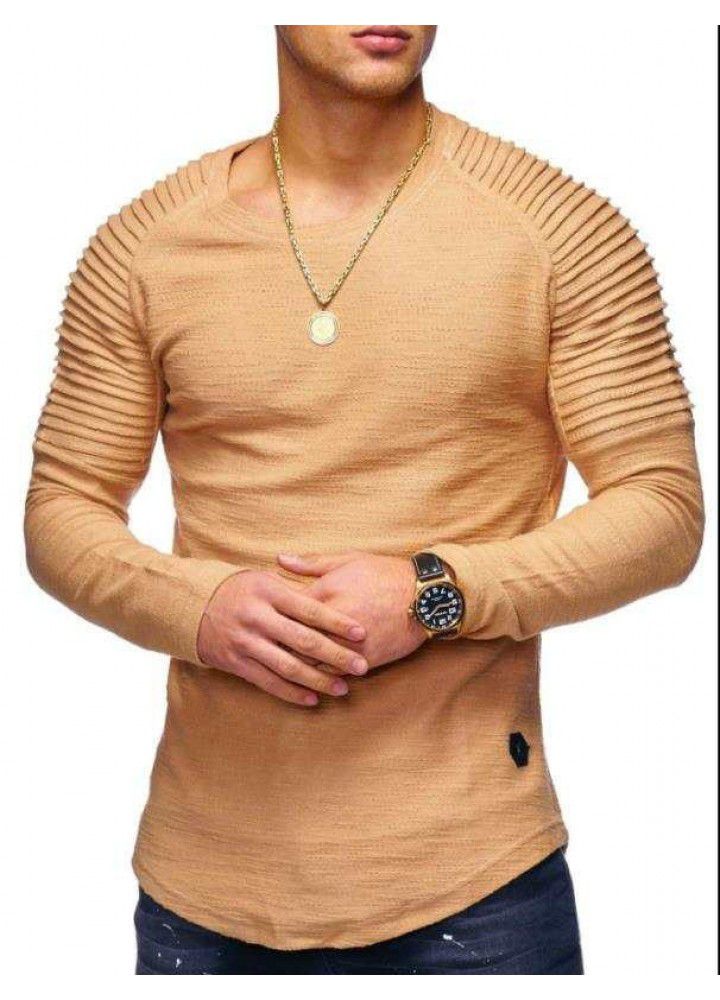Manufacturers wholesale spring men's round neck slim long sleeve bottoming shirt pleated Raglan long sleeve t-shirt men