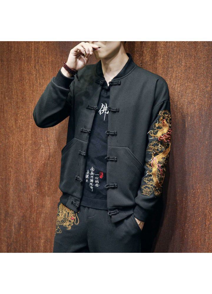 Foreign trade autumn and winter men's Chinese style jacket youth large size Baseball Jacket coil button dragon embroidery plate jacket