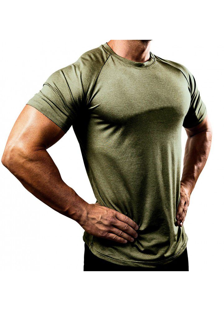Amazon cross border solid color European and American fitness clothes men's fast drying and breathable training high elastic tights short sleeve sports T-shirt