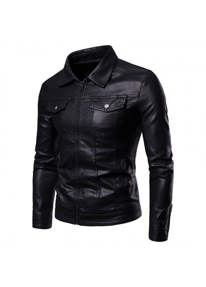 Foreign trade Amazon fall / winter 2019 new men's trend lapel jacket stereo Multi Pocket Pu wash leather men's wear