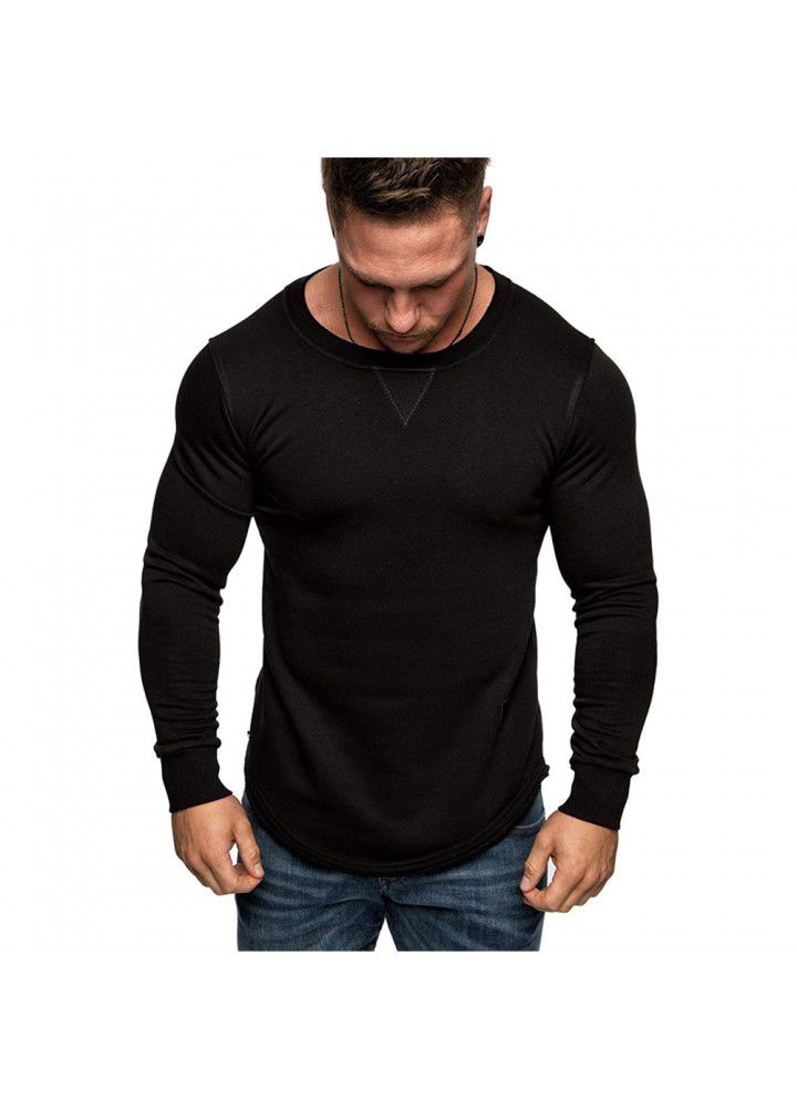 2020 foreign trade men's solid color round neck long sleeve T-shirt splicing personality European and American style long T-shirt European and American size casual wear