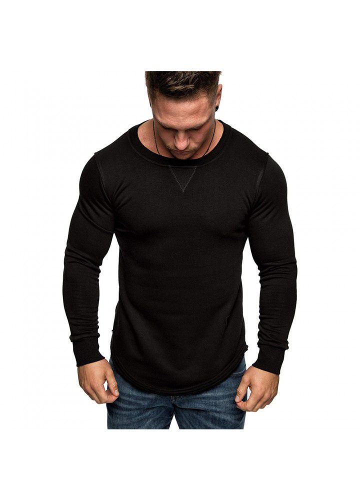 2020 foreign trade men's solid color round neck long sleeve T-shirt splicing personality European and American style long T-shirt European and American size casual wear