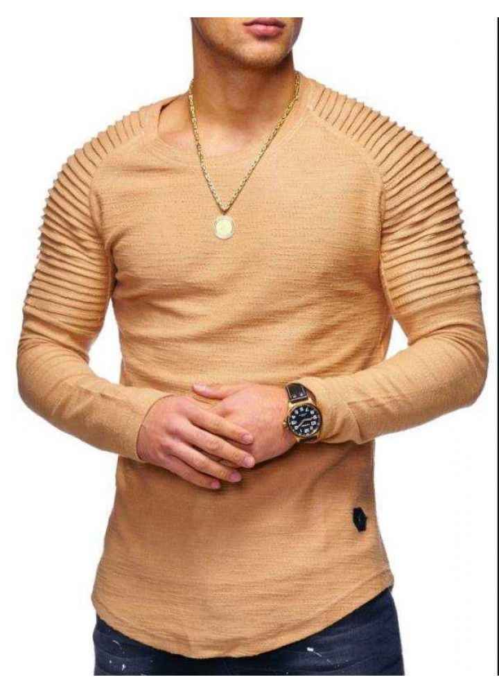 New men's cotton base shirt for spring and summer of 2019 casual slim pleated raglan sleeve men's long sleeve T-shirt