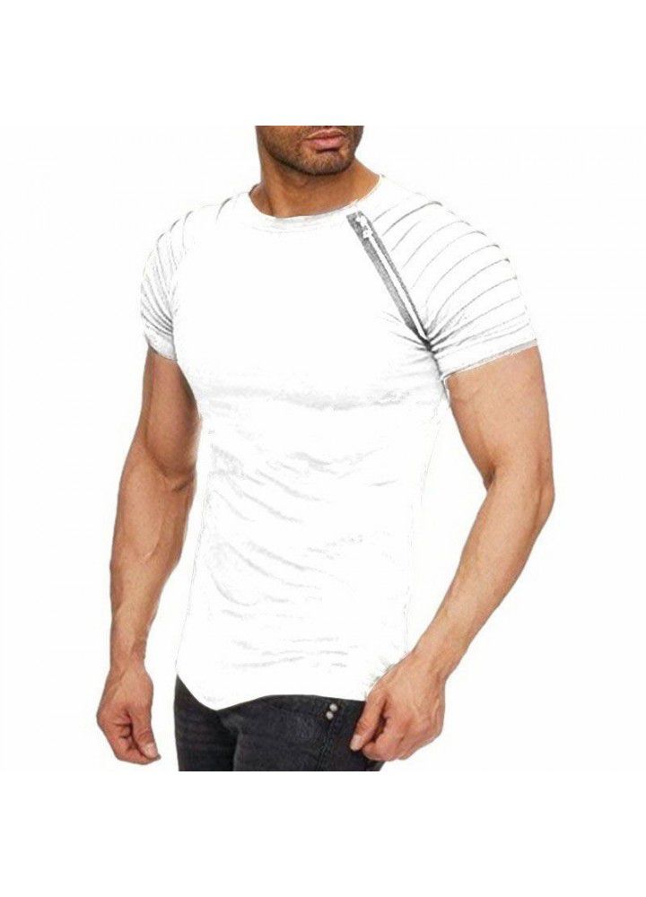 2018 new summer men's shoulder pleated splicing zipper short sleeve round neck T-shirt
