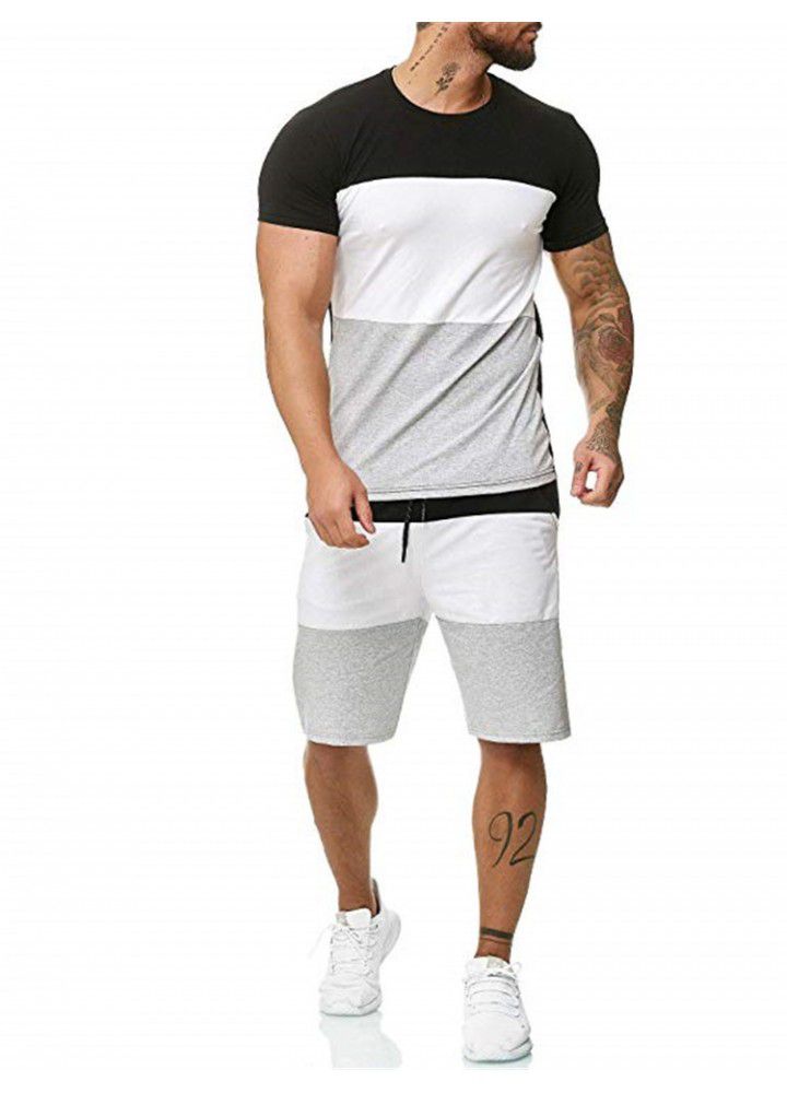 2020 cross border new summer men's short sleeve sports suit outdoor leisure color contrast suit men's factory wholesale
