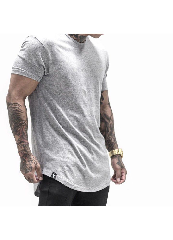 Foreign trade cotton large size muscle short sleeve men's smooth plate round neck sports European and American T-shirt arc hem fitness clothes