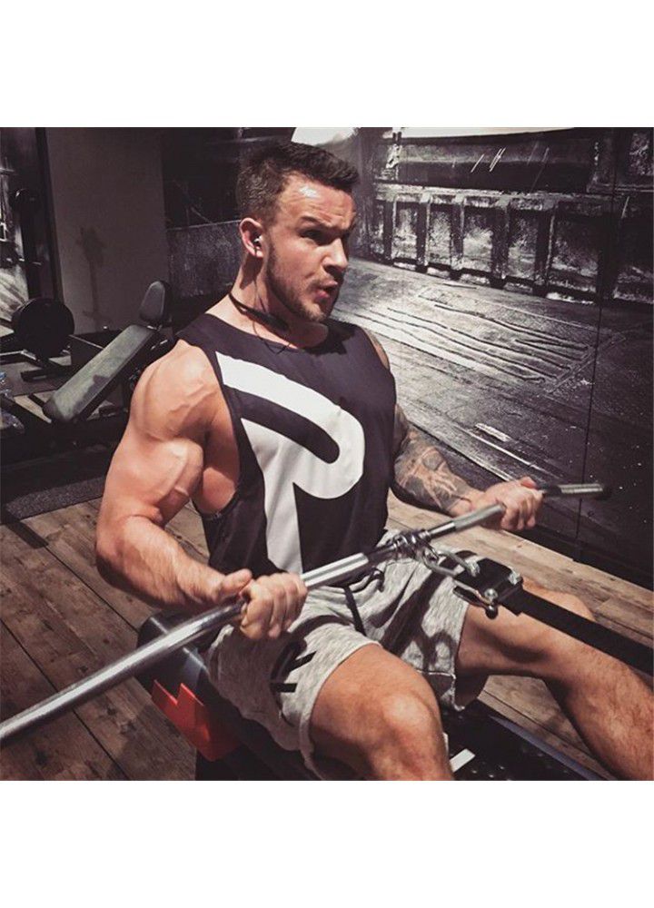 Cross border foreign trade new men's fitness back sweat absorbing breathable quick drying vest sleeveless T-shirt r printed fitness clothes