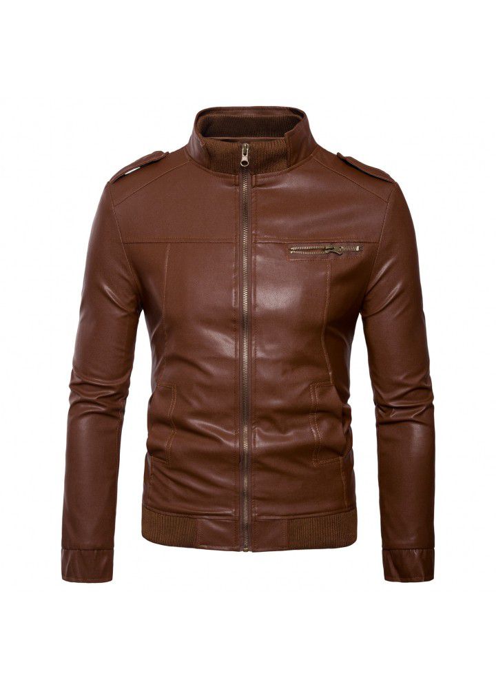 Cross border e-commerce supply men's foreign trade horizontal zipper leather clothing trend collar fashion slim fit men's jacket
