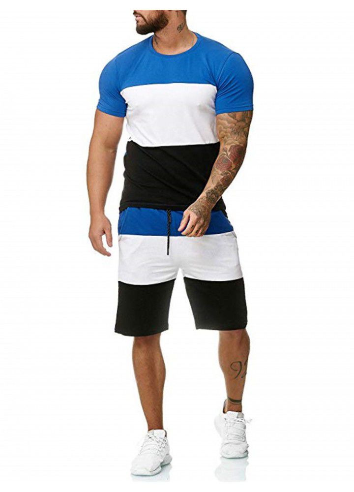 2020 cross border new summer men's short sleeve sports suit outdoor leisure color contrast suit men's factory wholesale