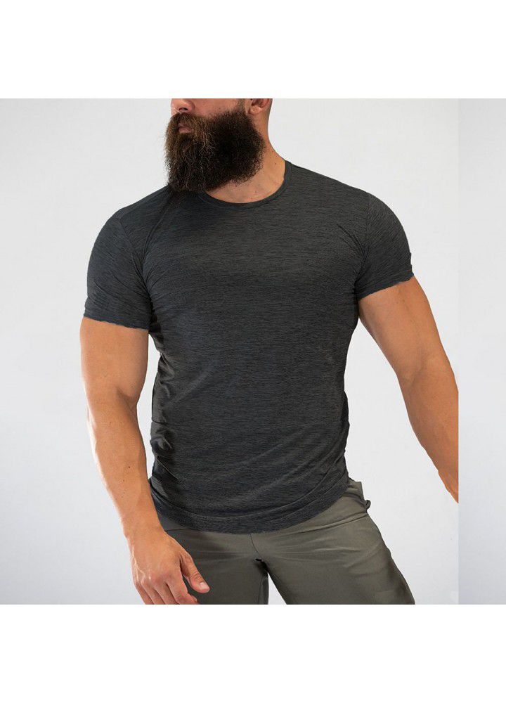 Cross border men's summer high elastic fitness running exercise round neck men's T-shirt leisure fashion brand sports short sleeve