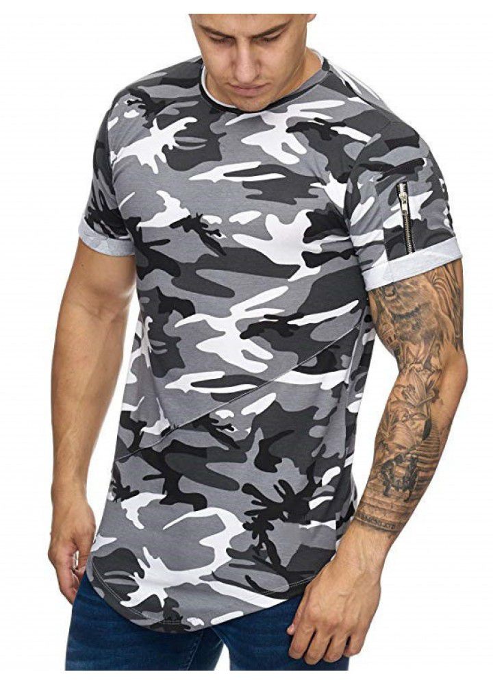 Cross border European and American trend men's round neck t-shirt design sleeve zipper camouflage 3D digital gradient casual T-shirt
