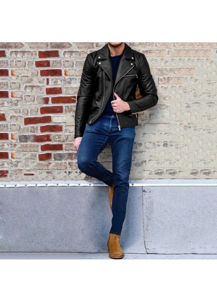 Wish foreign trade men's leather jacket European and American leather jacket lapel PU leather short casual men's fashion Motorcycle Jacket
