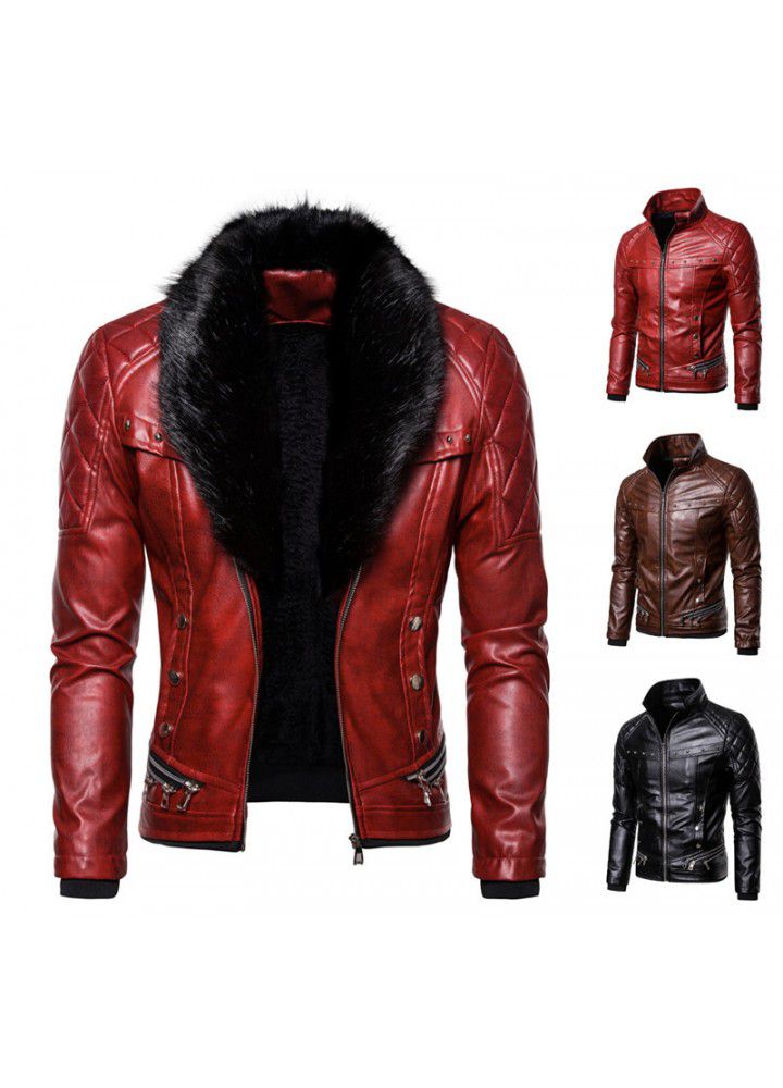 Foreign trade red men's punk detachable wool collar Rivet Press cotton thick windproof locomotive leather jacket jacket men's coat