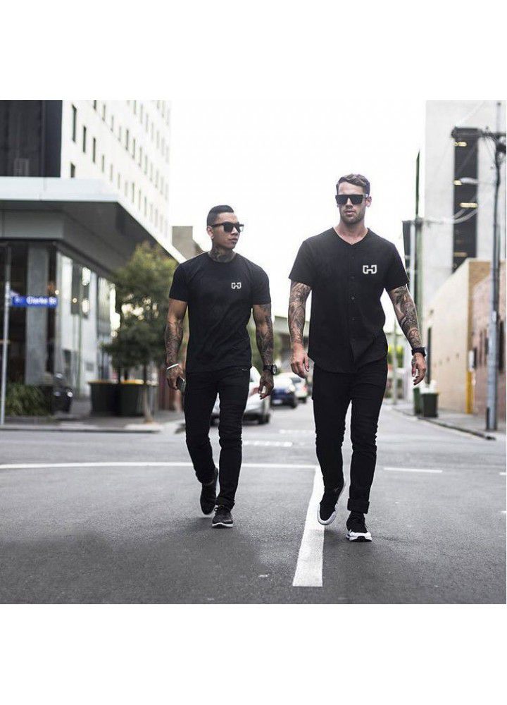 Fitness men's new cardigan T-shirt sports fitness short sleeve men's running casual top factory direct sales