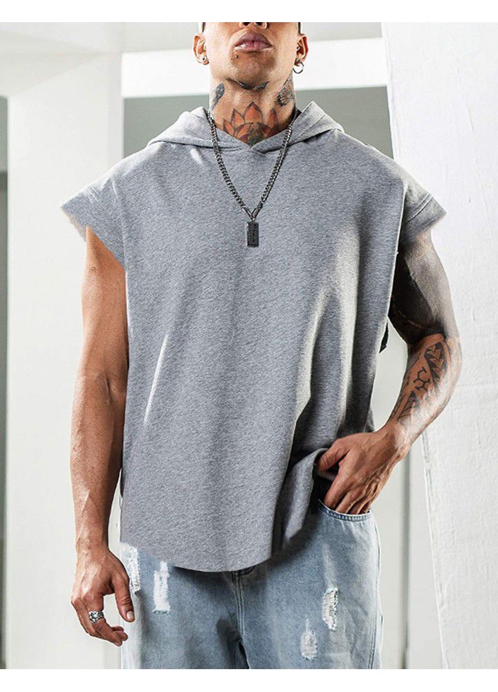 Cross border Amazon new men's fitness condom sports leisure European and American sleeveless men's Hooded Vest loose short sleeve