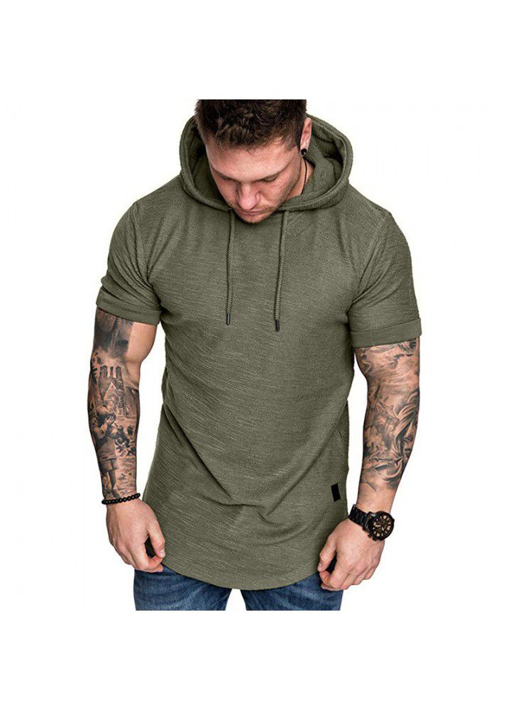 Amazon foreign trade new men's slub cotton T-shirt Hoodie leisure sports short sleeve t-shirt men's short sleeve