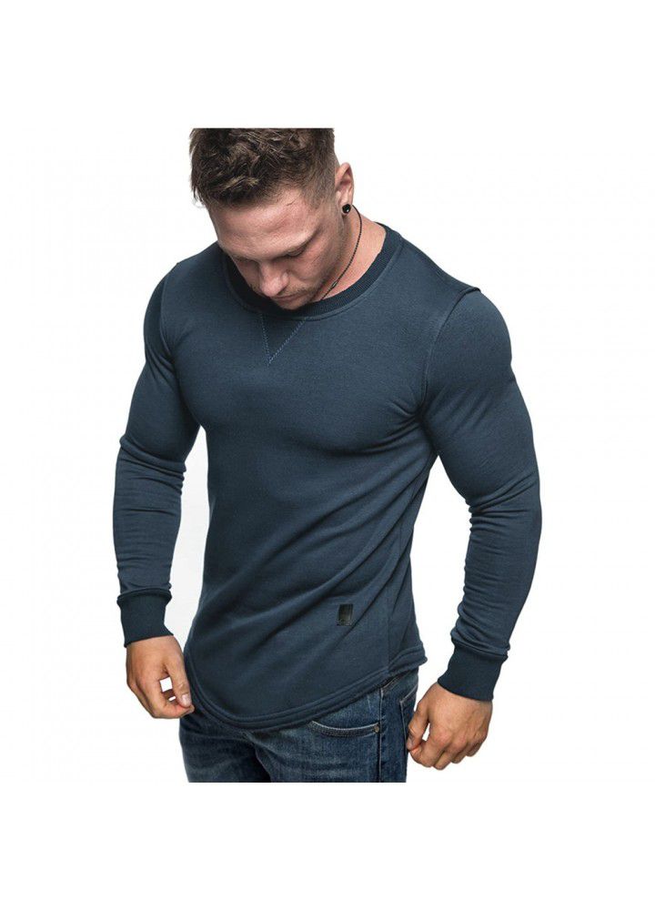 2020 foreign trade men's solid color round neck long sleeve T-shirt splicing personality European and American style long T-shirt European and American size casual wear