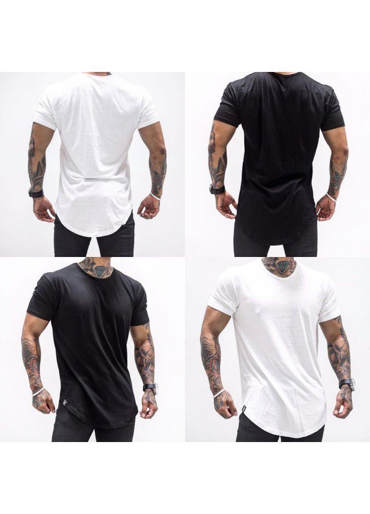 Foreign trade cotton large size muscle short sleeve men's smooth plate round neck sports European and American T-shirt arc hem fitness clothes