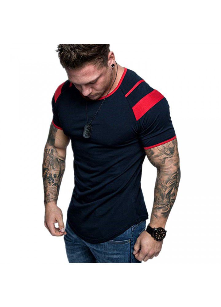New summer men's short sleeve round neck shoulder color matching casual men's pure cotton T-shirt