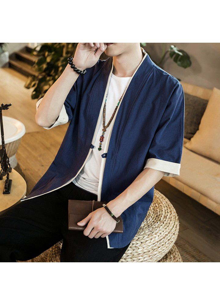 Foreign trade Amazon Chinese style coat 5-sleeve men's Tang suit retro button cardigan kimono ancient Zen suit