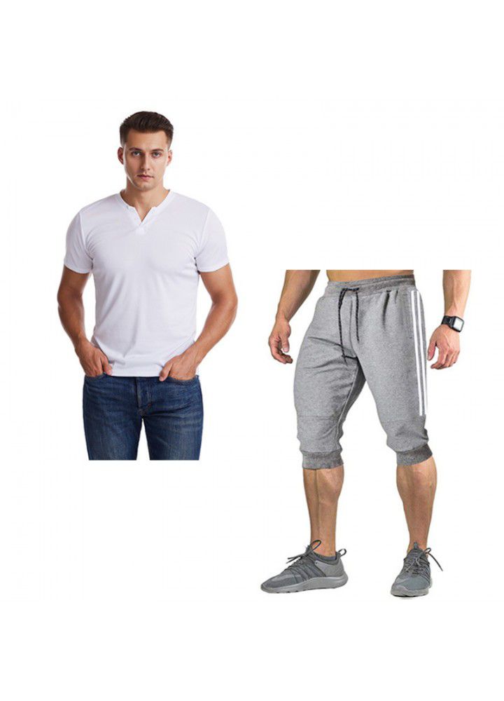 2020 summer cross border foreign trade men's V-neck slim short sleeve T-shirt color matching 7-point pants suit 