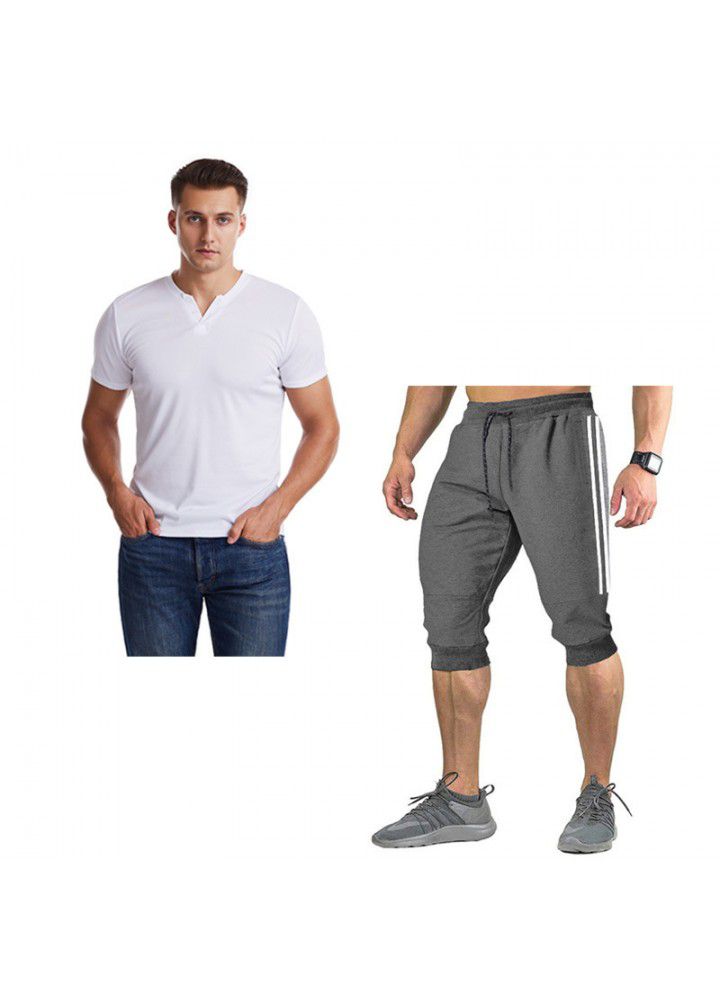 2020 summer cross border foreign trade men's V-neck slim short sleeve T-shirt color matching 7-point pants suit 