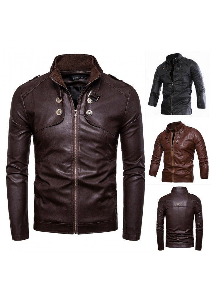 Foreign trade Amazon e-commerce new men's button decoration motorcycle PU leather casual men's leather jacket