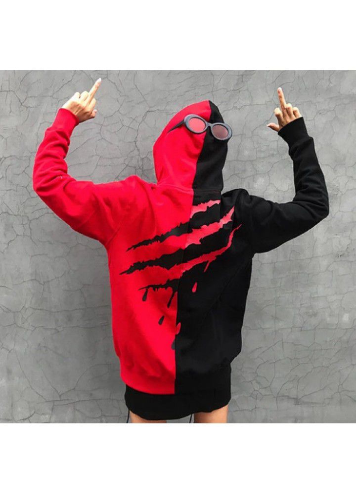 Cross border new stitching scratch printed Hoodie men's hip hop Street Pullover men's casual sweater