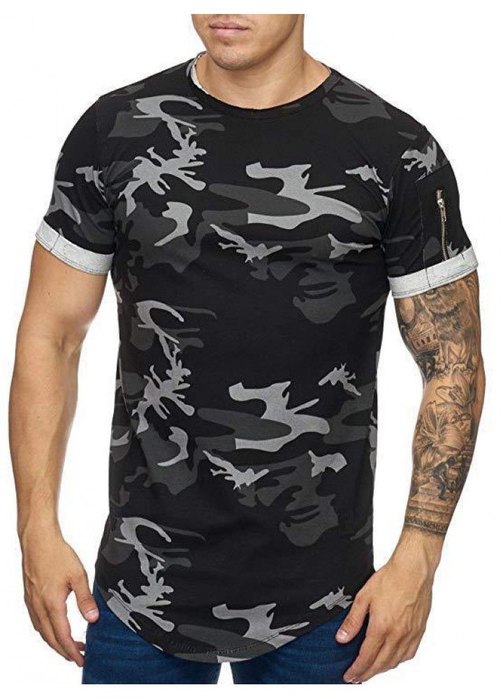 Cross border European and American trend men's round neck t-shirt design sleeve zipper camouflage 3D digital gradient casual T-shirt