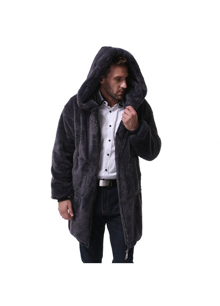Cross border wish foreign trade new men's mid long Plush coat fashion men's hooded Plush windbreaker coat