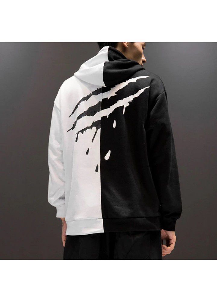 Cross border new stitching scratch printed Hoodie men's hip hop Street Pullover men's casual sweater
