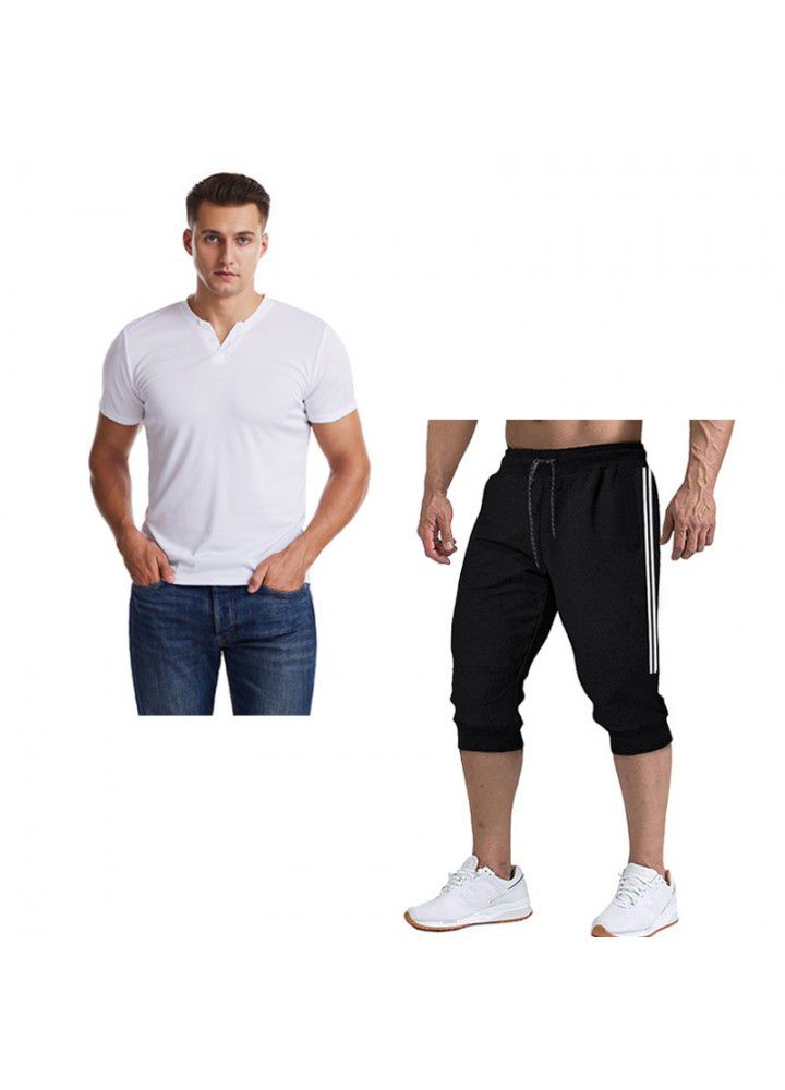 2020 summer cross border foreign trade men's V-neck slim short sleeve T-shirt color matching 7-point pants suit 