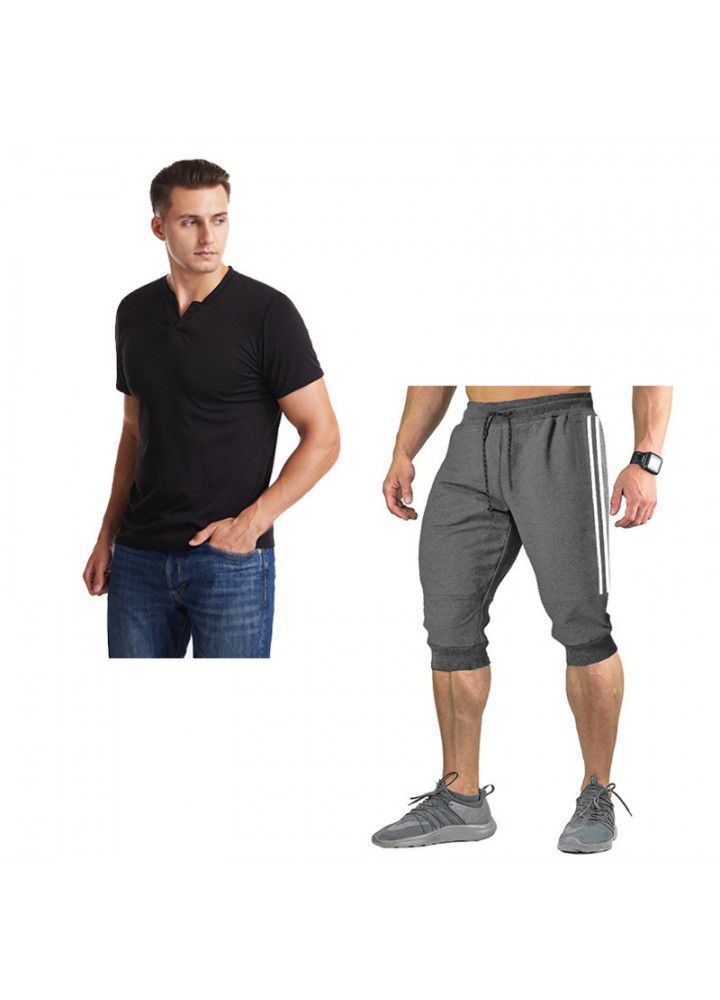 2020 summer cross border foreign trade men's V-neck slim short sleeve T-shirt color matching 7-point pants suit 