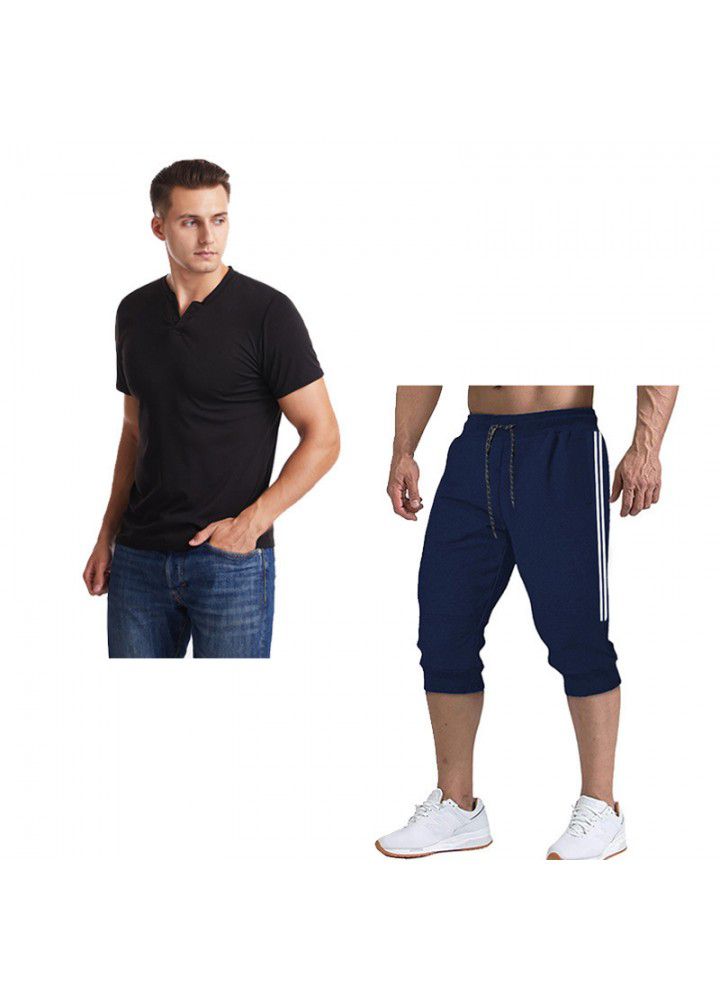 2020 summer cross border foreign trade men's V-neck slim short sleeve T-shirt color matching 7-point pants suit 