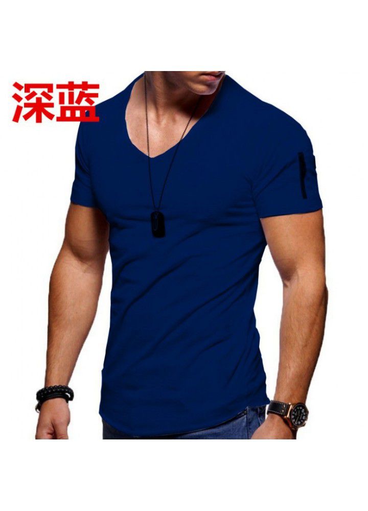 Sumitong new European and American fashion V-neck t-shirt men's arm zipper cotton short sleeve men's casual bottom coat