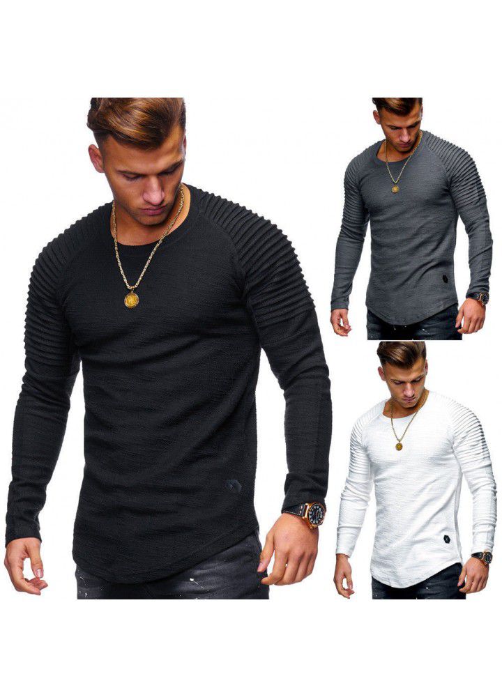 Factory direct supply 2018 Europe and the United States new men's stripe pleated slim solid color long sleeve T-shirt 3003