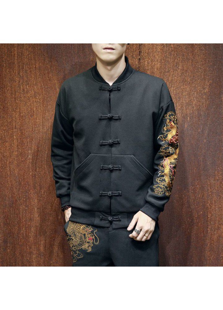 Foreign trade autumn and winter men's Chinese style jacket youth large size Baseball Jacket coil button dragon embroidery plate jacket