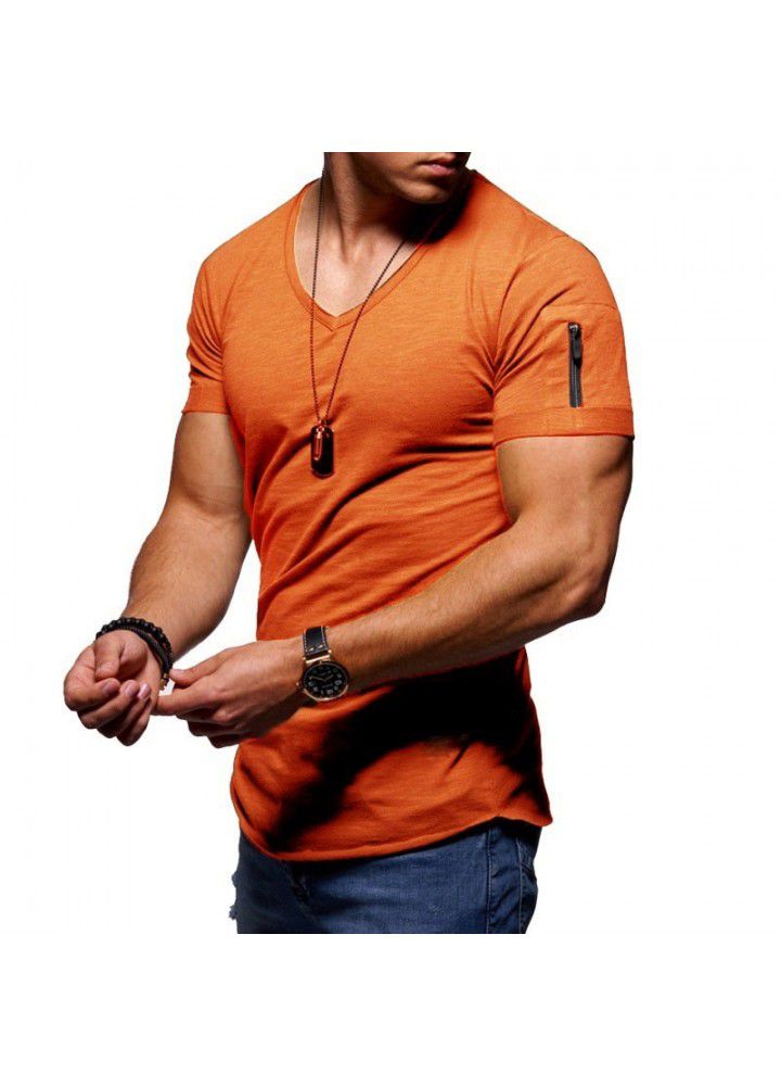 2019 Amazon new large men's short sleeve European and American V-neck t-shirt men's solid color slim bottomed shirt