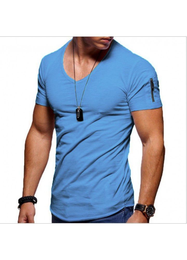 Sumitong new European and American fashion V-neck t-shirt men's arm zipper cotton short sleeve men's casual bottom coat