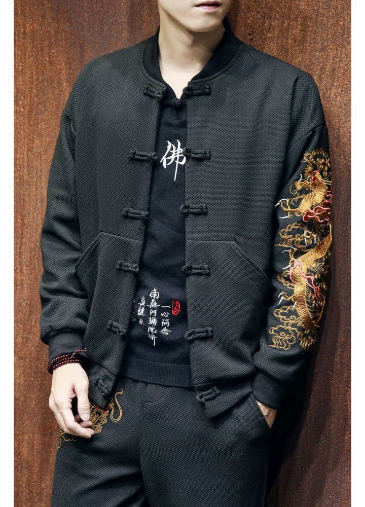 Foreign trade autumn and winter men's Chinese style jacket youth large size Baseball Jacket coil button dragon embroidery plate jacket