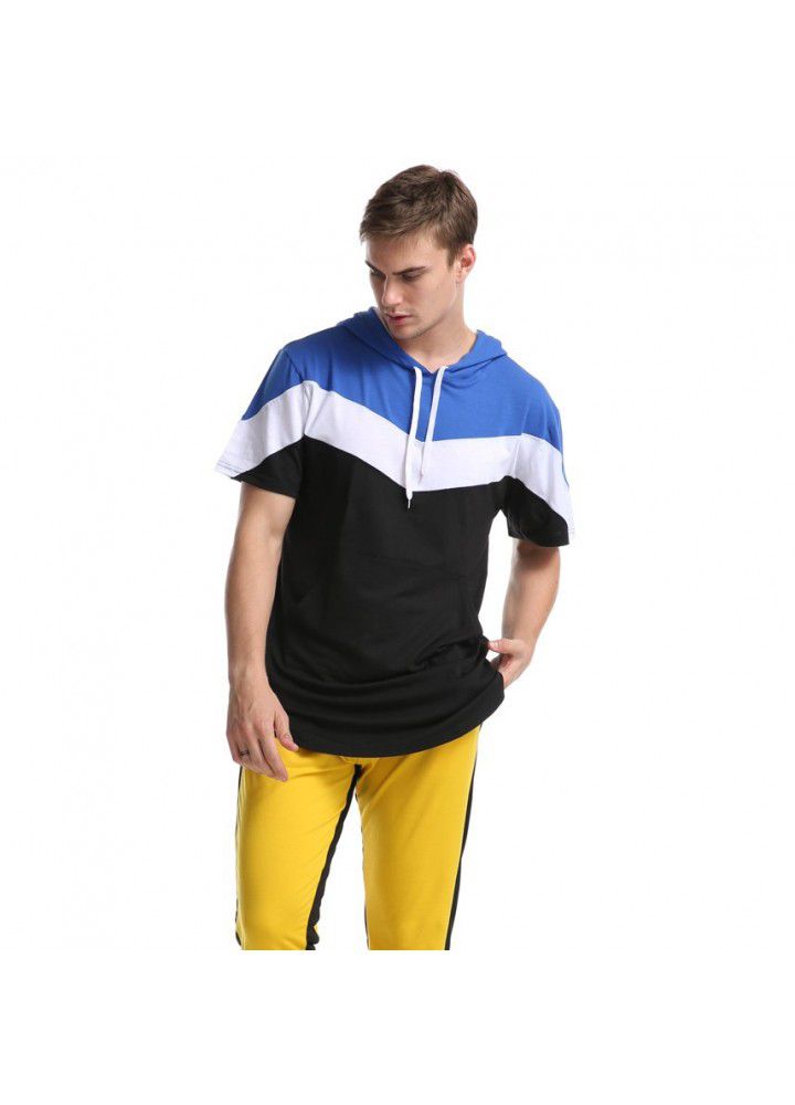 Cross border hot spring men's wear Europe and America color matching men's T-shirt three color stitching hooded short sleeve base shirt in 2020