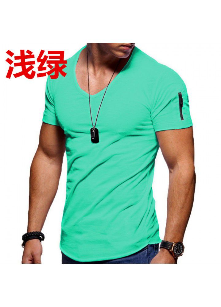2019 Amazon new large men's short sleeve European and American V-neck t-shirt men's solid color slim bottomed shirt