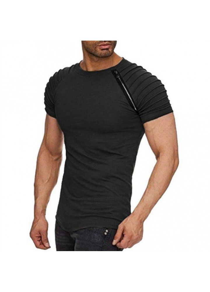 2018 new summer men's shoulder pleated splicing zipper short sleeve round neck T-shirt