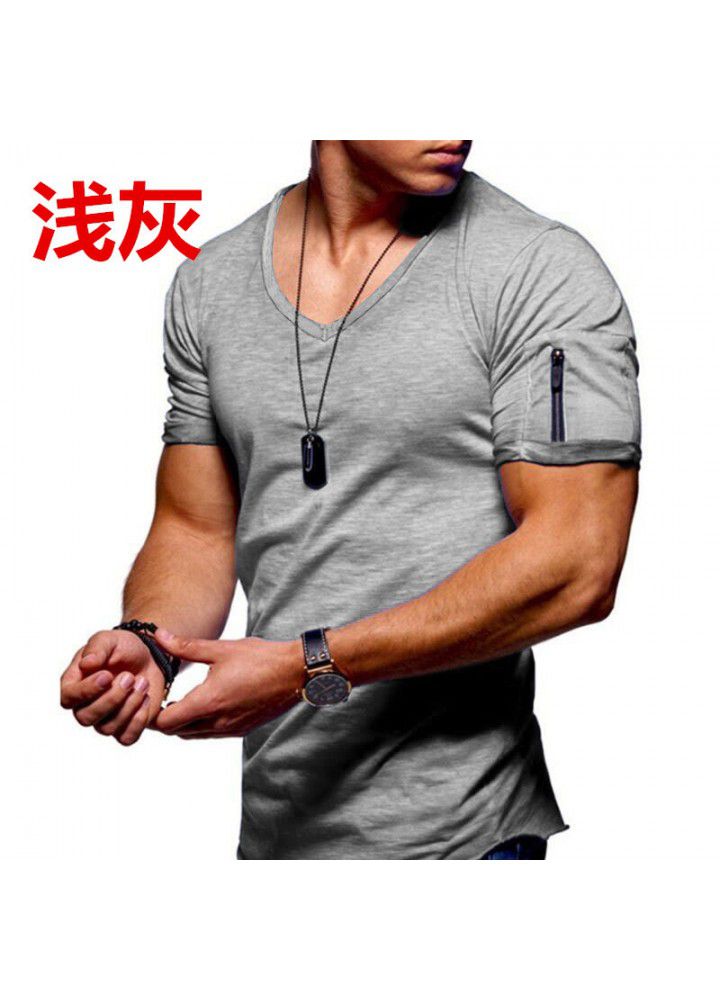 2019 Amazon new large men's short sleeve European and American V-neck t-shirt men's solid color slim bottomed shirt