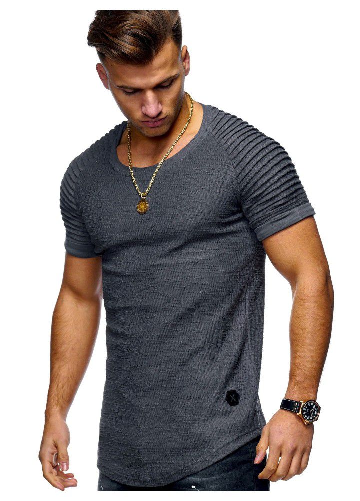 2019 summer new men's T-shirt stripe pleated raglan sleeve design round neck Pullover short sleeve factory direct supply