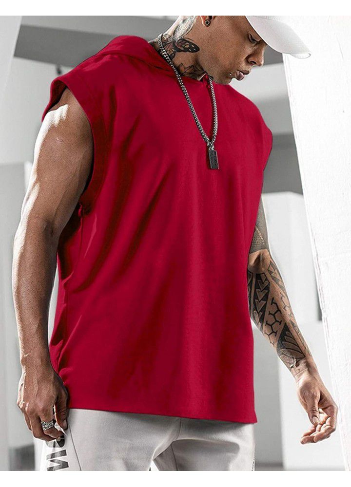 2021 summer men's fitness training Pullover sports leisure European and American fashion sleeve Hooded Vest loose solid color vest