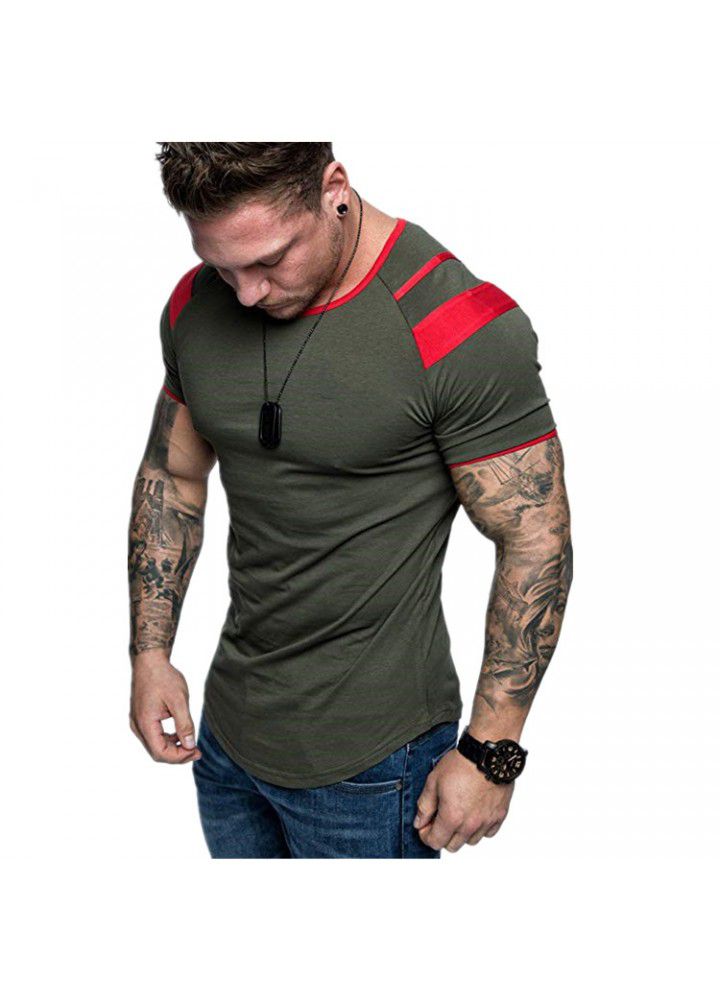 New summer men's short sleeve round neck shoulder color matching casual men's pure cotton T-shirt