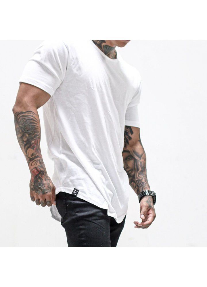 Foreign trade cotton large size muscle short sleeve men's smooth plate round neck sports European and American T-shirt arc hem fitness clothes