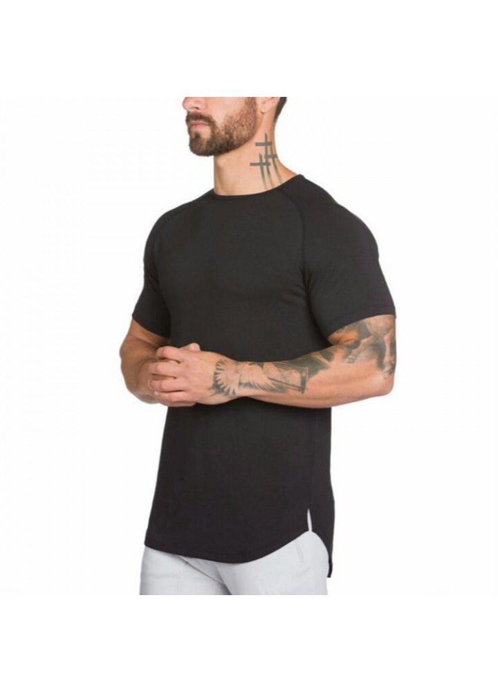 Foreign trade solid color blank fitness men's long breathable sports T-shirt fashionable men's slim summer fitness short sleeve men's