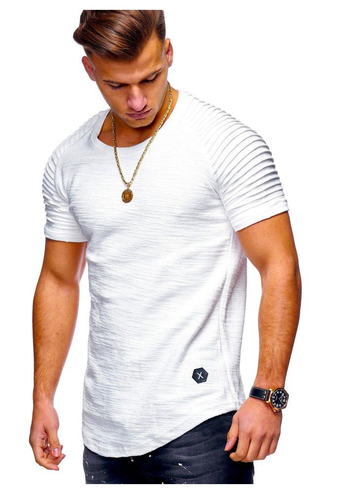 2019 summer new men's T-shirt stripe pleated raglan sleeve design round neck Pullover short sleeve factory direct supply